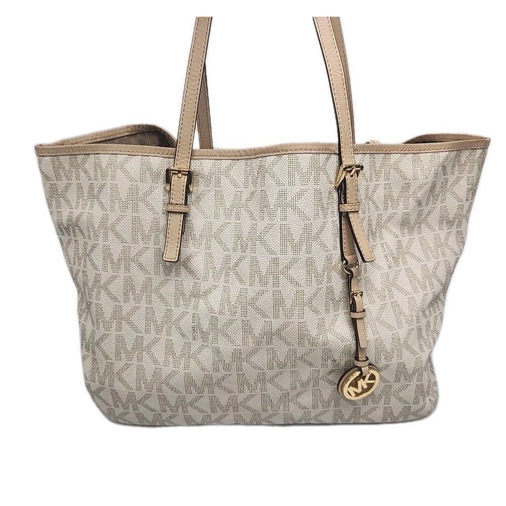 Michael Kors Purse Jet Set Vanilla Beige Canvas Shoulder Tote Handbag Large 19"
